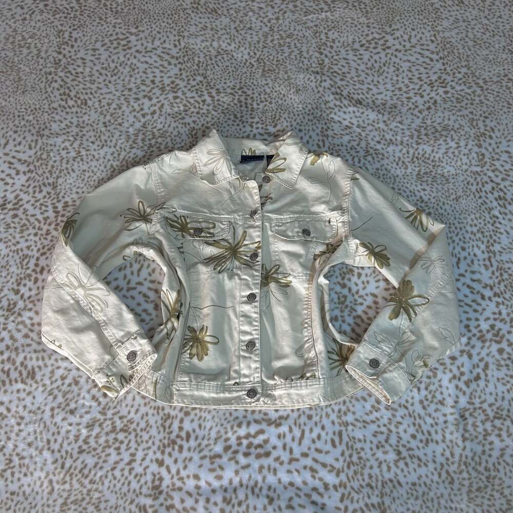 Bill Blass Jeanswear Floral Denim Jacket Size L Ivory Cotton